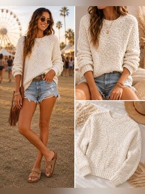 New! Jenni Kayne Bouclé Alpaca Wool Crewneck Sweater Ivory Textured Knit M